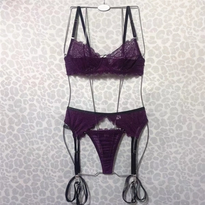 Sexy purple floral lace lingerie set with underwire bra and matching garter belt