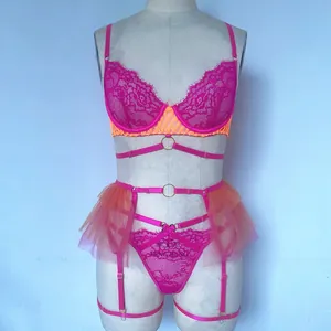 Detailed lace lingerie set with underwire cups and neon orange mesh skirt trim