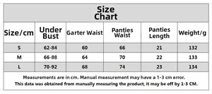 Size chart showing S-L dimensions for white lace lingerie set including waist and hips