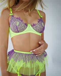 Fluorescent green and purple lace lingerie set with underwire bra and garter skirt