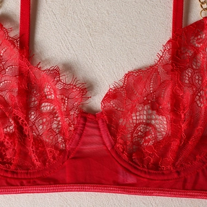 Close-up of red eyelash lace lingerie with underwire support and gold chain detail