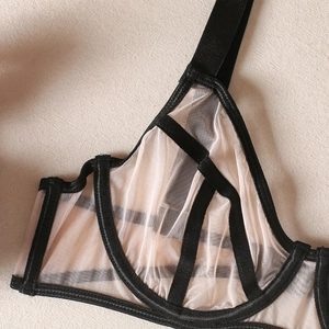 Close-up of black mesh sheer bra cups with beige stitching and underwire detail