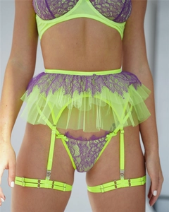 Neon green lace patchwork sexy lingerie set with purple floral mesh garter belt for women