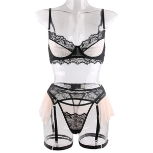 Three-piece pink and black lace lingerie set with underwire bra and garter belt