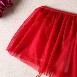 Detail of red mesh lingerie featuring floral embroidery and golden metal chain accent