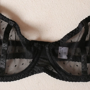 Detail of black polka dot mesh bra showing underwire support and elastic lace trim