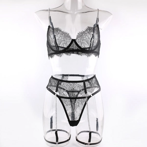 Sexy black lace lingerie set with silver metal chains and eyelash lace details