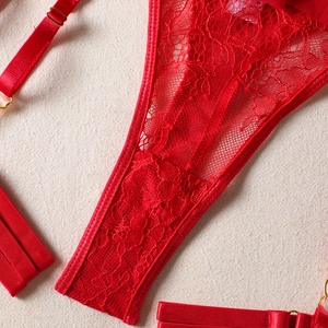 Detailed macro view of red floral lace lingerie set with elegant gold metal buckles