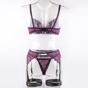 Detailed view of dark purple lace lingerie set with metal clips and black elastic straps