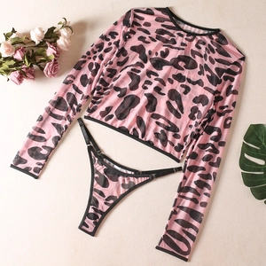 Pink leopard print mesh long sleeve crop top and matching thong lingerie set