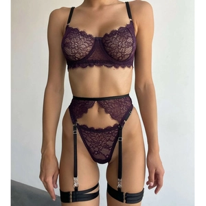 Women Sexy Purple Floral Lace Underwire Bra And Garter Belt And Panties Top And Bottom Lingerie Set Elegant Hollow Out Lingerie