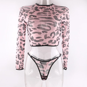 Detail of sheer mesh pink leopard print set showing cropped top and matching thong