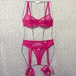 Detailed view of the hot pink sheer mesh lingerie set with bra, garter belt and thong