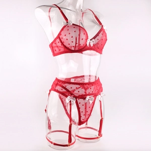 Detail of red sheer heart-print lingerie set with bow accents and garter belt