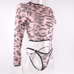 Detail of pink leopard print sheer mesh long sleeve top and matching thong set