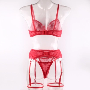 Detailed close-up of red mesh lingerie set with heart patterns and white bow accents