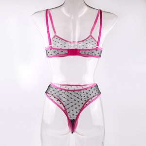 Rear view of rose pink and black sheer mesh lingerie set with flocked polka dots on mannequin