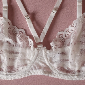 Macro detail of white lace bra featuring intricate floral patterns and adjustable straps