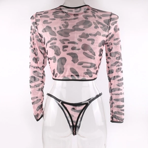 Rear view of pink leopard mesh long sleeve top and matching thong on a clear mannequin
