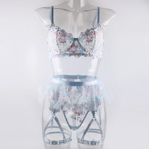 Detail of light blue sheer mesh lingerie with delicate floral embroidery and garter belt