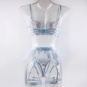 Rear view of light blue mesh lingerie set with pink floral embroidery and garter details