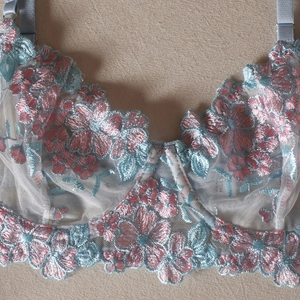 Detail of floral embroidery on sheer mesh lingerie with blue and pink silk threads