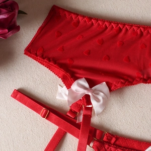 Close-up of red heart lace lingerie with velvet heart patterns and silk bow detail