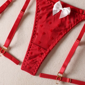 Detail view of red heart sheer mesh garter belt with white satin bow and gold metal buckle