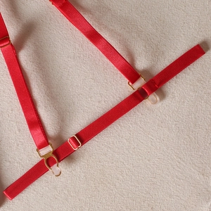 Detail of red ribbed lingerie garter strap with gold metal buckle and clear plastic clip