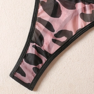 Close-up of pink leopard mesh thong with breathable fabric and black elastic edge