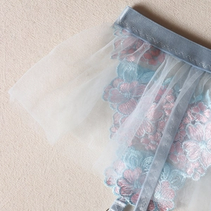 Macro detail of light blue mesh lingerie featuring delicate pink floral embroidery work