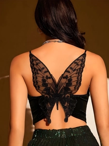 Haut court en velours noir sexy avec broderie papillon sur le dos ouvert élégant