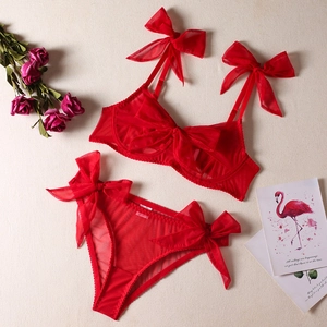 Elegant red sheer mesh lingerie set featuring large tulle bows and wired lace bra