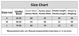 Detailed size chart for sexy lingerie set including under bust and waist measurements