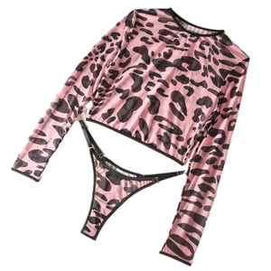 Pink leopard print mesh two-piece set featuring long sleeve crop top and thong