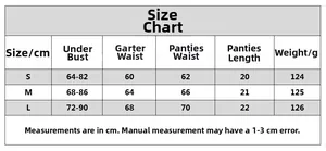 Size chart for black polka dot lingerie set with S M L measurements in centimeters