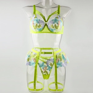 Detailed embroidery texture on neon green lace lingerie with floral patterns and straps