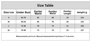 Detailed size chart for lace lingerie set including under bust and waist measurements