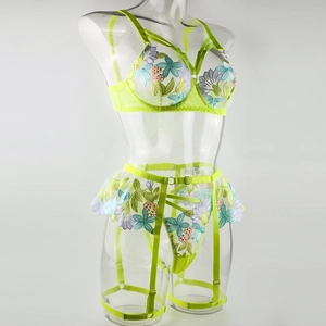 Detail showing neon green mesh lingerie set with intricate floral embroidery and steel underwire