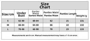 Detailed size chart for leopard lingerie set including bust, waist, and length measurements