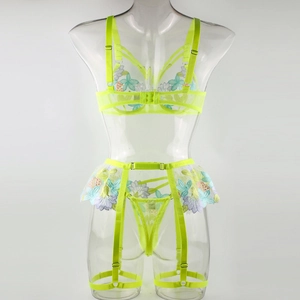 Detail of neon green lace lingerie with delicate floral embroidery and sheer mesh texture