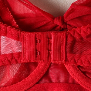 Detail of red mesh bra back closure featuring two-row hook-and-eye and fine stitching