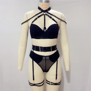Sexy black body harness set with gold chain choker, bra and high waist mesh panties