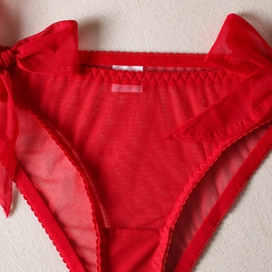 Detail of red sheer mesh panty featuring lace trim and large decorative satin bows