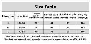 Size chart for floral embroidery lingerie set showing measurements for S, M, and L sizes