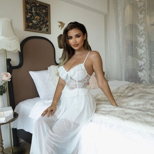 White lace splice sheer nightdress with spaghetti straps and elegant tulle skirt