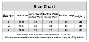 Detailed size guide table for women's mesh lingerie set including waist and bust measurements