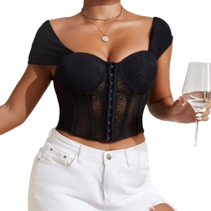 Black lace corset top with metal hook closures and mesh paneling for a slim fit