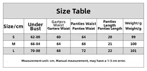 Detailed size chart for yellow embroidery 3-piece lingerie set including garter and panties