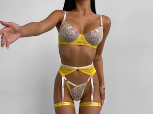 Detailed embroidery of colorful flowers on yellow sheer mesh lace lingerie set